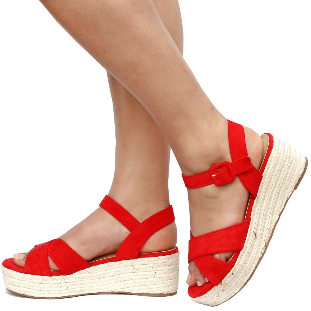 New Red Cross Straps Wedge Espadrille Sandals - Picture 5 of 8
